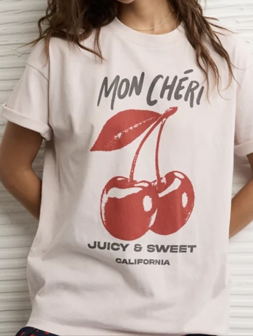 American Eagle Outfitters Pink Graphic 'Mon Chéri' Tee with Red Cherry Print
